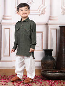 smiling young <b>boy</b> wearing gray <b>kurta</b> with white pants posing indoors festive ethnic outfit child portrait stylish kids fashion - Product Image 4