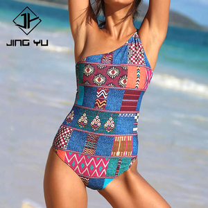 ชุดว่ายน้ำวันพีซแบบไหล่เดียวลายพิมพ์เรโทรชายหาดใหม่ ผลิตจากไนลอนรีไซเคิลคุณภาพสูงสำหรับผู้หญิง - Product Image 1