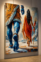 Peinture à l'huile classique faite à la main sur toile, portrait du dieu hindou Shiva et de sa déesse Parvati, mythologie indienne, art mural spirituel encadré pour salon
