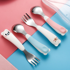 Ensemble de cuillères et fourchettes pour enfants en acier inoxydable 304, avec poignées de dessin animé, pour l'alimentation des nourrissons de 0 à 12 mois, sans Bpa - Product Image 1