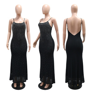 Women's Rhinestone Embellished Maxi Dress <b>Spaghetti</b> <b>Strap</b> Bodycon Evening Gown With Open Back Dresses Fashion - Product Image 4