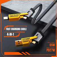 Cable USB plano trenzado de nailon 4 en 1 de 65W, duradero, con soporte de carga rápida para portátiles, dispositivos móviles Android e iOS