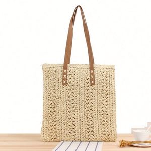 Wholesale Summer New Crochet Design Hand Weave Solid Colour Paper Straw Shoulder <b>Square</b> Tote Bag Women Ladies Beach Handbags - Product Image 1