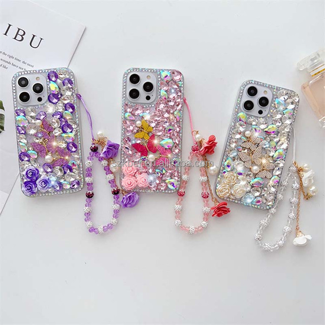 Newest Bracelet Bling Big Diamond Glitter Butterfly Acrylic Luxury Flower Mobile Phone Case for Iphone 14 15 Pro Max Plus