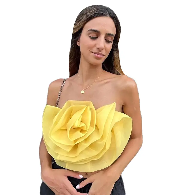 Camis et chemisiers de plage pour femmes, Corset en Organza, Sexy, dos nu, débardeur jaune à fleurs