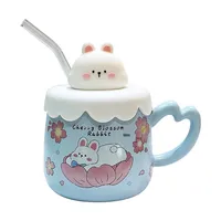 Couvercle de tasse de paille en céramique de lapin mignon dessin animé pour les filles pour l'eau domestique utilisation de bureau pour cadeau Souvenir d'anniversaire