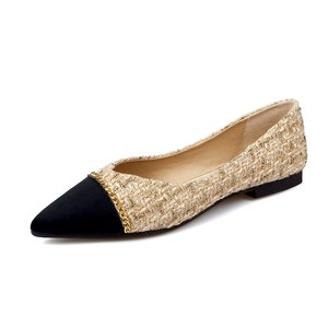 Elegantes Zapatos Planos Negros <span class=keywords><strong>de</strong></span> Tweed con Punta en Pico para Mujer, Sofisticados Zapatos Planos <span class=keywords><strong>de</strong></span> <span class=keywords><strong>Ballet</strong></span> con Cadena Dorada, Zapatos Cómodos para Oficina - Product Image 1