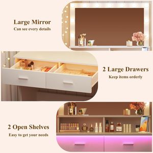 Tocador Blanco con Espejo, Brillo Ajustable, Enchufe Incluido, Cajones Espaciosos y Estantes Abiertos, Mesa de Maquillaje - Product Image 5