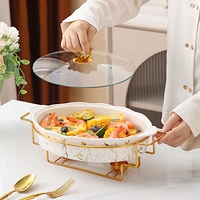 Nouveau produit casserole ovale en or marbré céramique buffet pot à soupe avec support en fer