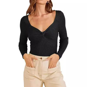 Pull tricoté décontracté à manches longues pour <span class=keywords><strong>femme</strong></span> avec croisement sur la poitrine, style élégant, vente en gros, personnalisable avec logo - Product Image 4