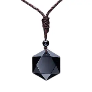 Obsidian kalung liontin segi enam batu energi, perhiasan batu permata Amethyst penyembuhan untuk pria dan wanita