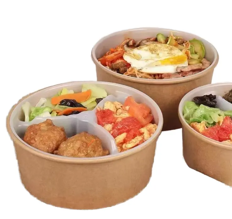 Kotak makan siang kertas kraft bundar tebal sekali pakai nampan dalam salad buah dapat didaur ulang