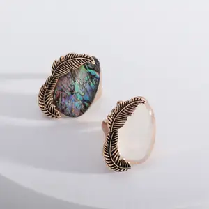 Personalized Alloy Leaf Shell Ring Fashion Dazzling Color Abalone Shell Teardrop Women's Ring