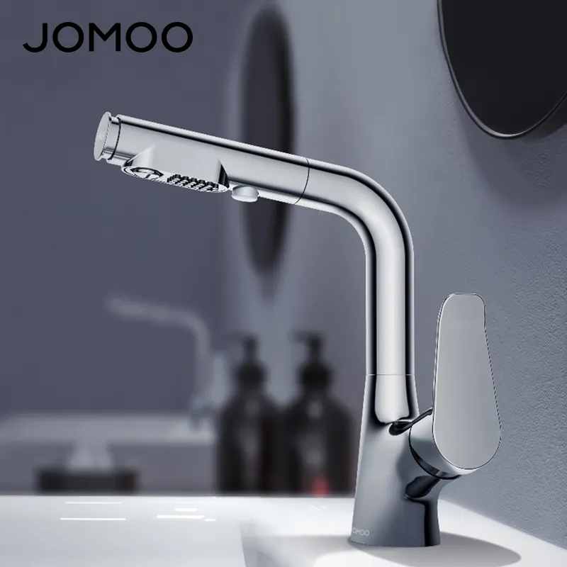 صنبور حوض قابل للسحب من JOMOO, صنبور حوض قابل للسحب من JOMOO بقدرة 360 قدم ، خيارات مزدوجة للرش ، صنبور حمام من سبيكة الزنك اللامع