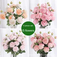 Buket Mawar Peony Asing Tiruan 3 Cabang dari Plastik Bunga Sutra Palsu untuk Dekorasi Pernikahan Ruang Tamu Tanaman Bunga Hias