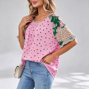 Ladies <b>Pink</b> <b>Heart</b> Print Raglan Sleeve Blouse with Ruffled Collar Summer Casual Outwear <b>Top</b> - Product Image 4