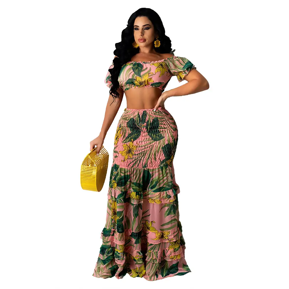 Bliss Two-piece Maxi Skirt Set - Vibrant Floral Print with Ruffled Detailing for Summer Getaways Women Digital Printing Woven