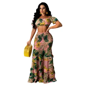 Bliss Two-piece Maxi Skirt Set - Vibrant Floral Print With Ruffled Detailing For Summer Getaways Women Digital Printing Woven