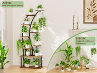 Support à plantes créatif en demi-lune à 8 niveaux avec éclairage LED, étagère en bois à structure métallique, support à fleurs autoportant pour intérieur, balcon
