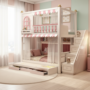 DK Board-Wood Modern Princess Bunk Bed for Girls Twin High Low Eco-Friendly Comfortable Polyester Upholstery Kids Bed - Product Image 1