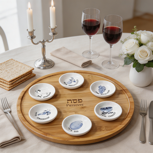 Ensemble de plateaux de Seder en bambou personnalisés avec 6 bols en céramique, <span class=keywords><strong>plateau</strong></span> Ka'arah pour la cérémonie juive traditionnelle, pour la <span class=keywords><strong>table</strong></span> de la fête de Pessa'h - Product Image 1