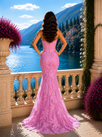 Rosa Meerjungfrauenkleid mit 3D-Blumenstickerei, perlenbesetztes trägerloses Abendkleid für formelle Anlässe