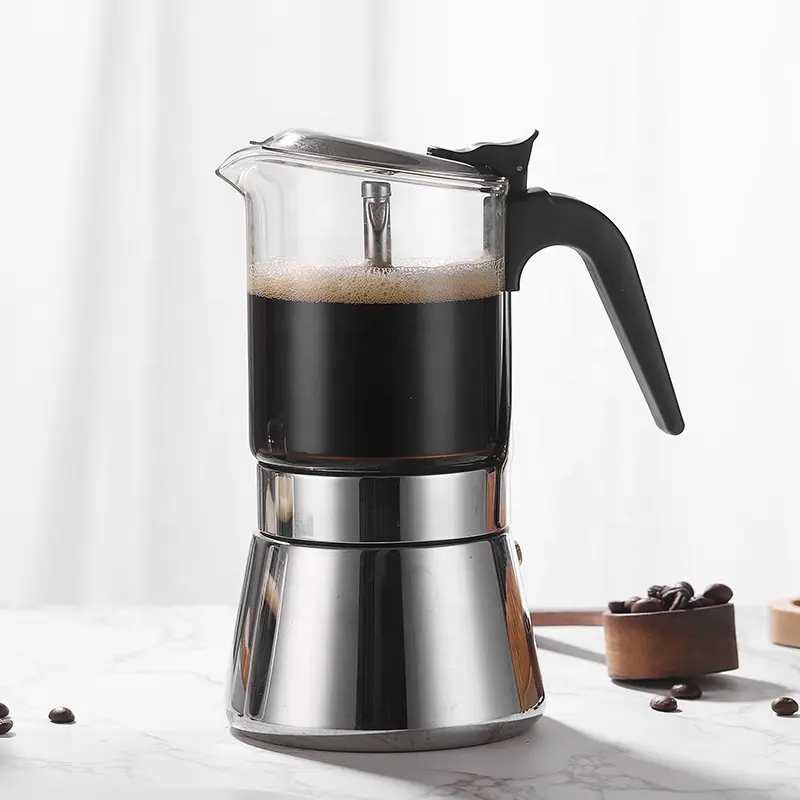 Moka - Máquina de café expresso com fogão de indução, pote de vidro de cristal e aço inoxidável, cafeteira clássica italiana com 6 xícaras
