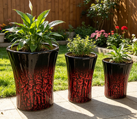 Lot de 3 grands pots de fleurs en céramique pour extérieur, finition émail rouge, style Mid-Century Modern, pour porche et décoration intérieure