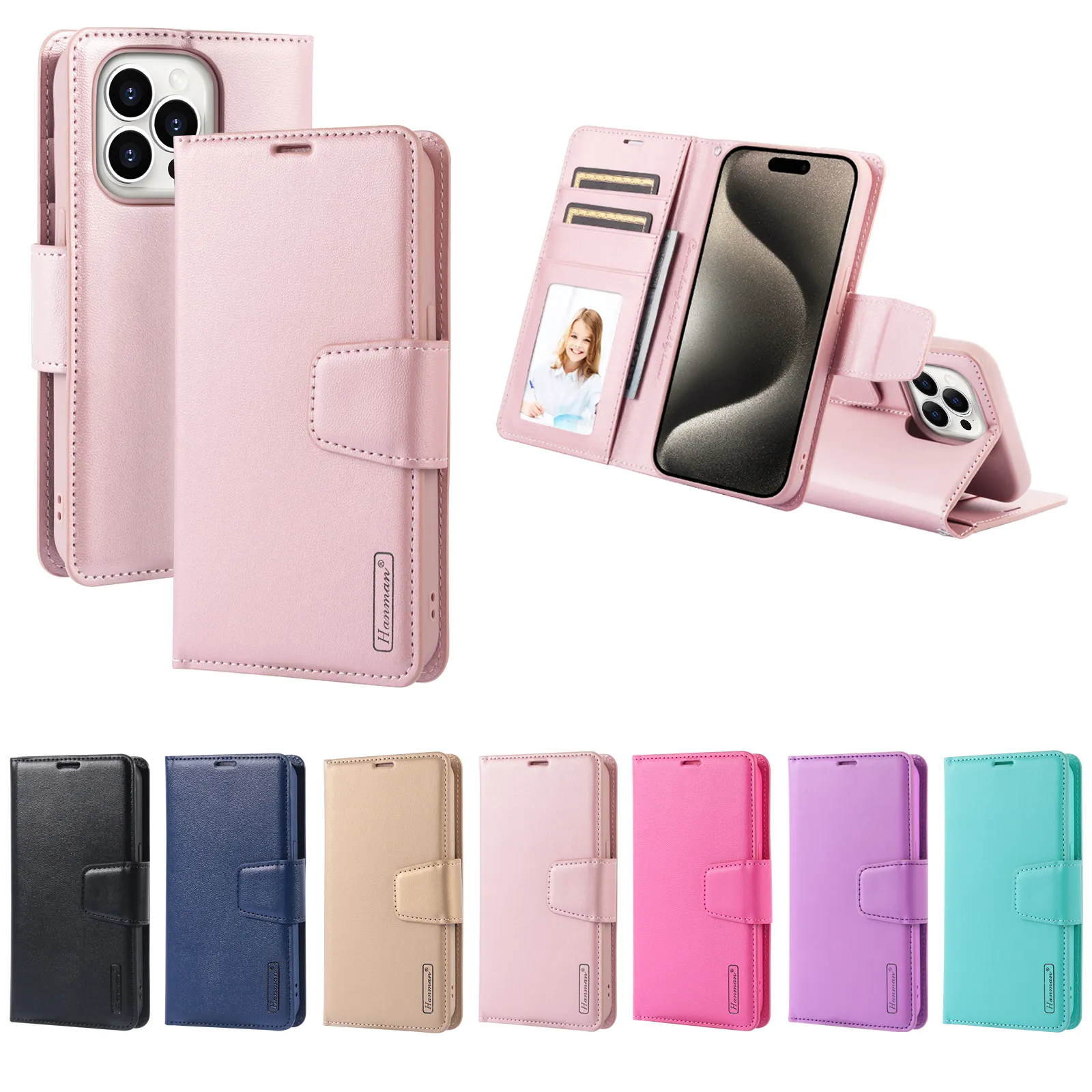 Hanman para iPhone i15pro Max Luxury Card Holder Wallet Cover iphone15 PU cuero Wallet Phone case