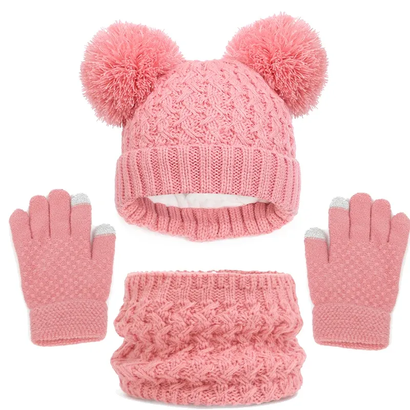 Kaschmir Winter Baby Hut Handschuhe Schal Set Fleece Wärmer Schals Dicke Strick mützen Junge Mädchen Süße Pompon Kinder Mütze