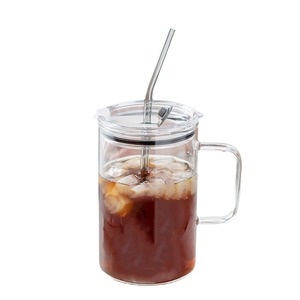 Mug en verre résistant aux hautes températures avec couvercle et paille, 500 ml, pour café, thé, bière, tasse individuelle, couleur unie - Product Image 5