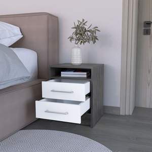 Mesita de noche moderna de dos cajones de lujo DB Cartiz, madera maciza y MDF, roble ahumado/acabado blanco para uso en apartamentos o hospitales - Product Image 4
