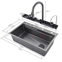 Produits pour la maison intelligente Lumière LED noire fregadero acero inoxidable Douche à effet de pluie Lave-vaisselle Évier de cuisine cascade avec lave-tasse