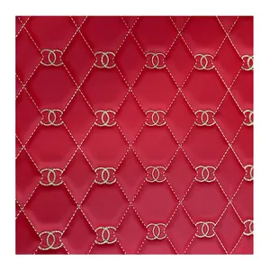 High quality pu pvc leather red double C embroidery quilted stitching leather for leather apparel furniture car interiors