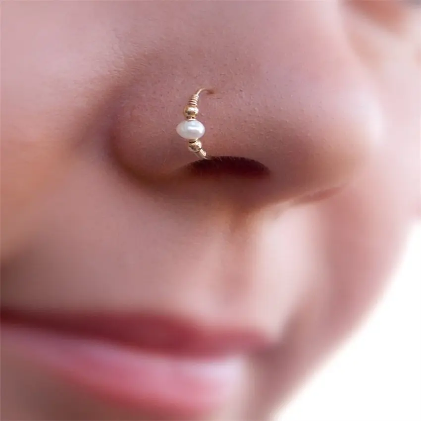 Indian Style Fashion Nose No Piercing Nostril 18K Gold Plated Stainless Steel Freshwater Pearl Nose Ring
