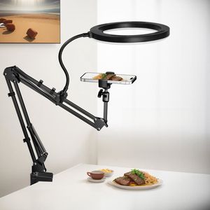Anneau lumineux de bureau avec support de téléphone surélevé, lumière LED pour selfie de 10 pouces, clip de fixation pour téléphone, température de couleur réglable, plastique, YouTube Live - Product Image 1