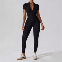 Combinaison de sport respirante à manches courtes avec fermeture éclair, logo personnalisé GH, extensible dans quatre directions, col en V, spandex/nylon, pour la salle de sport et les activités de plein air