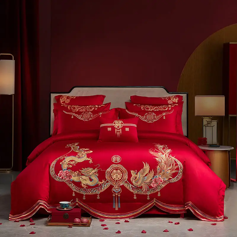 Traje de cama de matrimonio rojo kích thước lớn Giường tấm phẳng với gối 4PCS Bộ đồ giường đặt chăn bao gồm màu Đỏ đám cưới giường Bộ