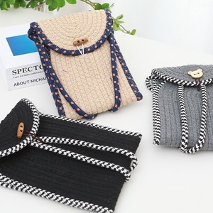 Handmade woven <b>straw</b> <b>bag</b>, stylish and fashionable small crossbody <b>bag</b>, mini children's coin purse, beige and gray cotton. - Product Image 1