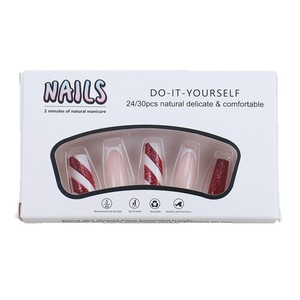Faux ongles à presser <span class=keywords><strong>en</strong></span> ABS, forme cercueil, nude et rayures rouges et blanches, pour fête de Noël, 24 pièces - Product Image 6