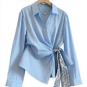 French Style Twist Women <b>Long</b> <b>Sleeve</b> Lapel Collar <b>Blouse</b> Asymmetric Hem for Autumn Office Wear - Product Image 3