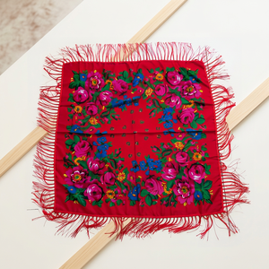 Ethnic Floral Print Fringe Rose Pattern Multicolor Tassel Women's Fashion Bohemian <b>Square</b> <b>Scarf</b> Four-Way Stretch Breathable - Product Image 1