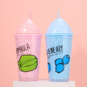 แก้วน้ำพลาสติกสองชั้น ขนาด 450 มล. ลายผลไม้ฤดูร้อนแสนหวาน พร้อมหลอดดูด ฝาปิดทรงโดมลายไอศกรีม  มีให้เลือก 4 สีพาสเทล - Product Image 3