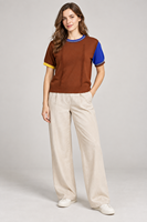 Pull en tricot color block pour femme, à manches courtes et col rond, T-shirts en tricot, Fabricant en gros de vêtements en tricot sur mesure