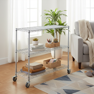 3 层钢丝货架，镀铬，可调节，耐用，带轮子 - 适用于仓库和展示用途 - Product Image 3