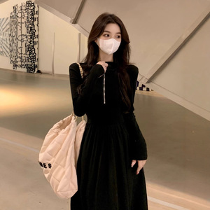 Women's Black Long Sleeve Dress Empire Waist Polo Neck Zipper Solid Color Casual Daily Wear - Product Image 2