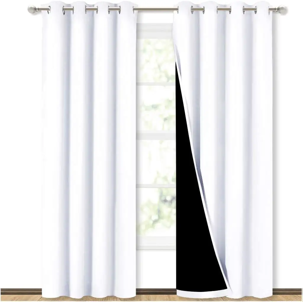 White 100% Blackout Lined Curtains 2 Double Thick Layers Sides Window Thermal Insulated Drapes for Kitchen Bedroom