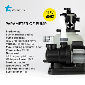 Starmatrix 115V 60Hz cho hồ bơi lên đến 7890gal Công suất xe tăng khối lượng 5.3gal Bộ đếm thời gian Chức năng bơm Lọc Cát - Product Image 5
