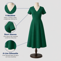 Robe Midi en Coton Doux à Col en V et Manches Courtes Coupe Évasée pour Femme, Vert Émeraude Uni, Décontractée, Personnalisable avec Logo OEM, Vente en Gros