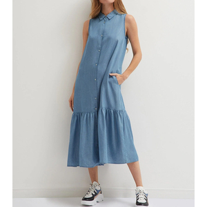 <span class=keywords><strong>2022</strong></span> <span class=keywords><strong>verano</strong></span> sin mangas mujeres <span class=keywords><strong>vestidos</strong></span> casuales pantalones <span class=keywords><strong>vaqueros</strong></span> largos vestido Midi cuello extendido botón frontal aunque volante dobladillo vestido de mezclilla - Product Image 6